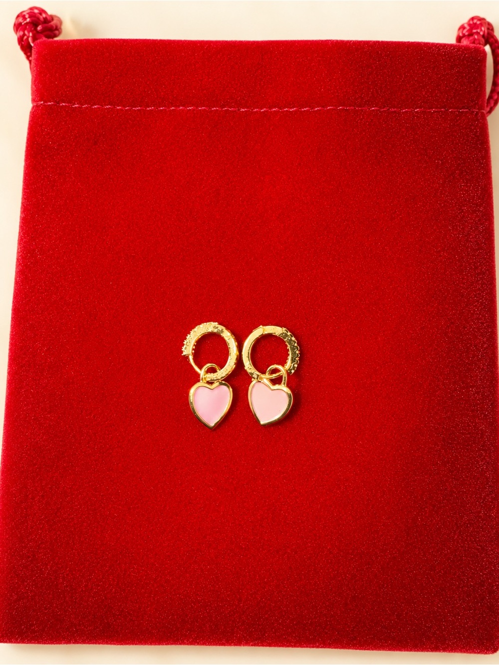 Gold Hoop Heart Drop Earrings with Pink Enamel - Women Jewelry